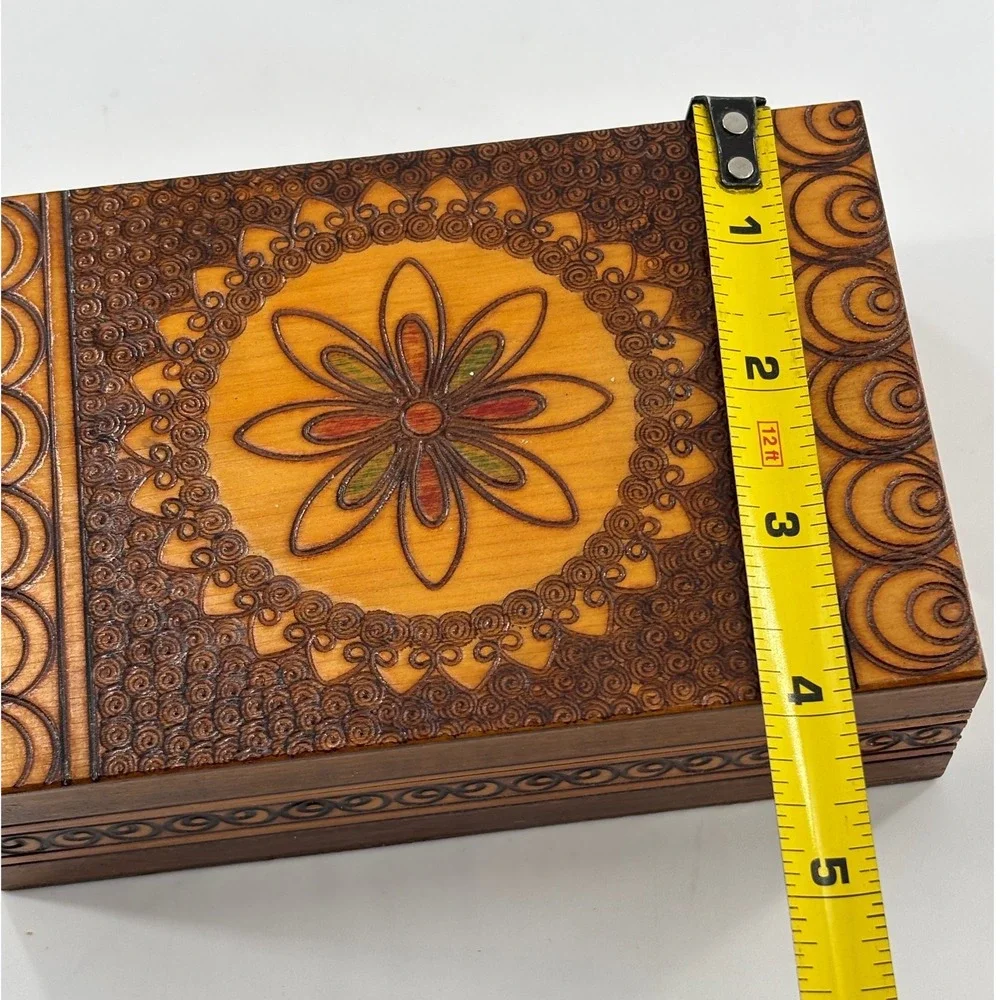 Vintage Wooden Trinket Box Carved Floral‎ Design Hinged Lid Jewelry Keepsake